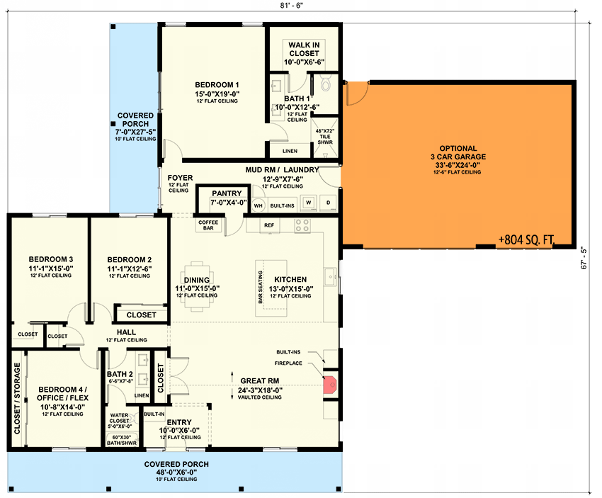 Plan 420148WNT: 1-Story Modern Farmhouse Plan with Vaulted Great Room and Flex Room - 2355 Sq Ft - Floor Plan - Optional 3-Car Front Garage (+$295) - Cabin, Country, Farmhouse, Modern Farmhouse, Vacation