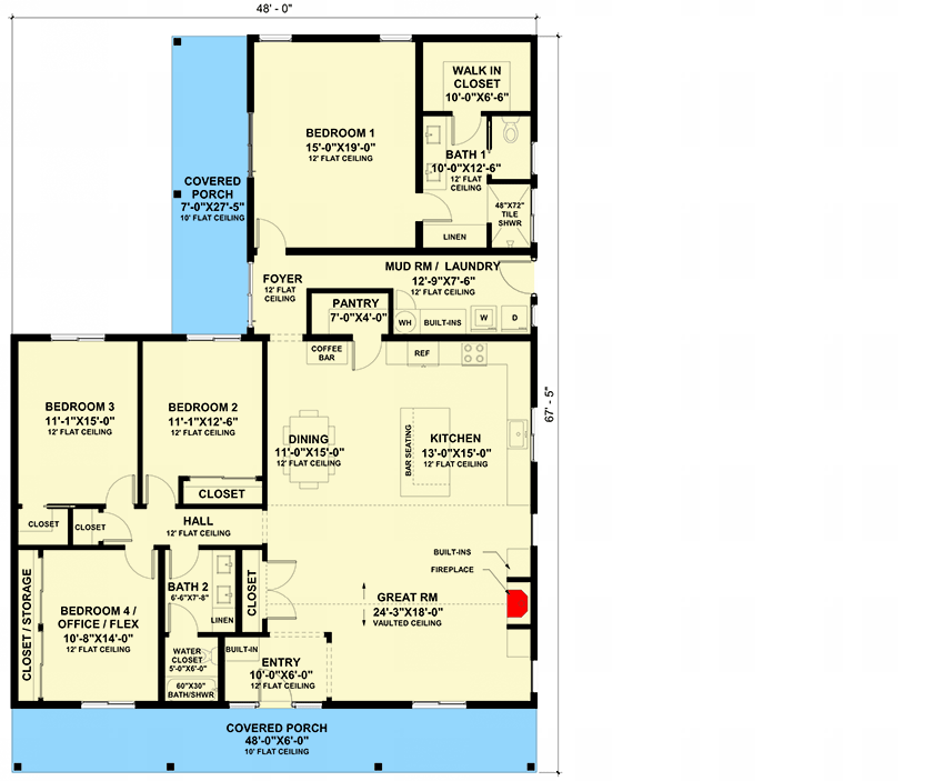 Plan 420148WNT: 1-Story Modern Farmhouse Plan with Vaulted Great Room and Flex Room - 2355 Sq Ft - Floor Plan - Main Level - Cabin, Country, Farmhouse, Modern Farmhouse, Vacation