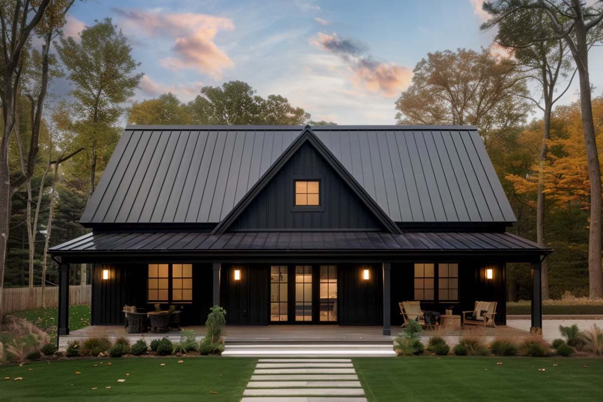 House plan exterior. Modern Farmhouse with black siding and metal roof. Features include a front porch, gabled roof, and glass door entry.