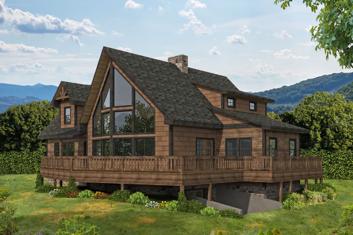 House plan exterior with wood shingle siding, two stories, large gabled window wall, wraparound deck, and stone chimney.