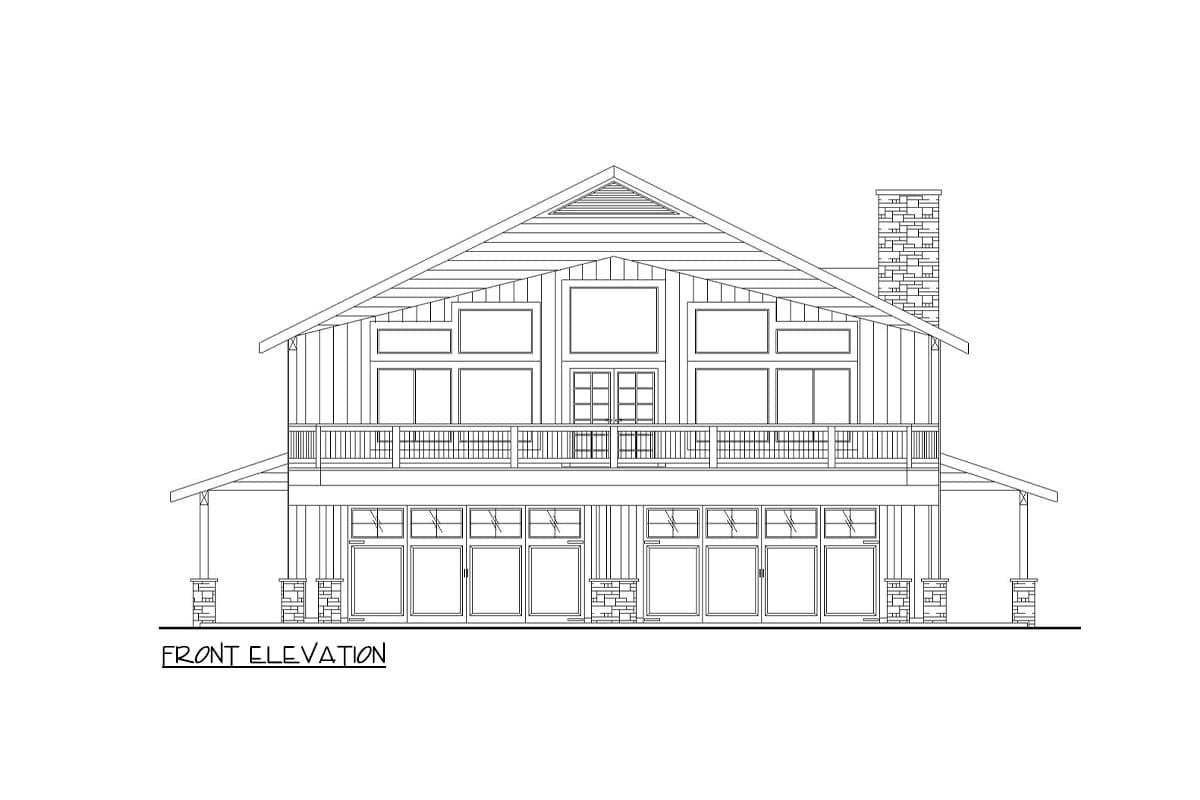 Front elevation house plan: two stories, large upper balcony, full-width lower-level windows, and a prominent stone chimney.