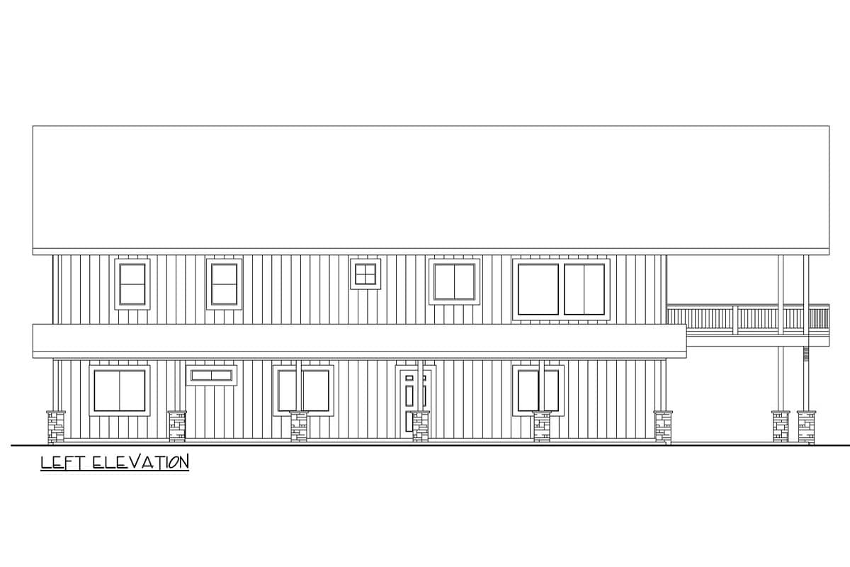 Left elevation house plan drawing of a two-story house with a side porch and multiple windows.