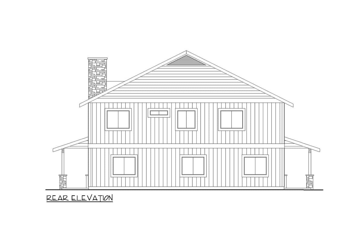 Rear elevation drawing of a two-story house with gabled roof, brick chimney, and front porches.