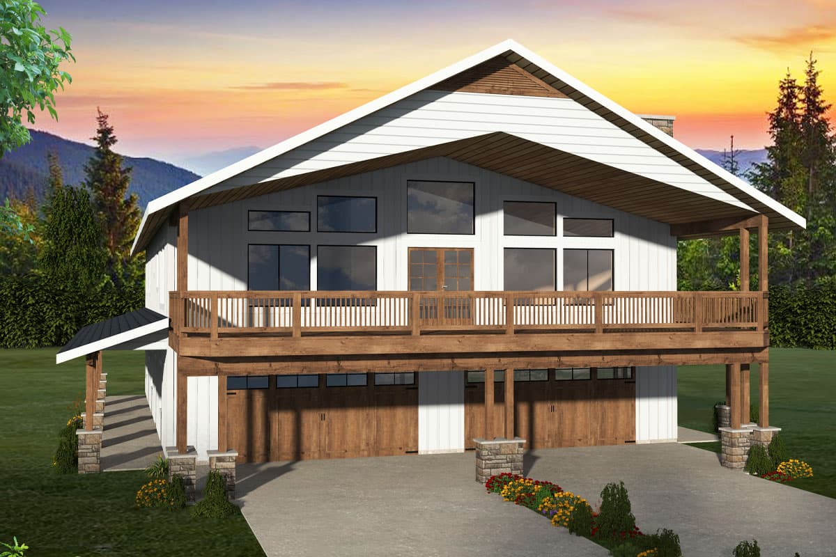House plan exterior. Two-story, Modern style home with a balcony, large windows, and a covered porch. Features two-car garage.