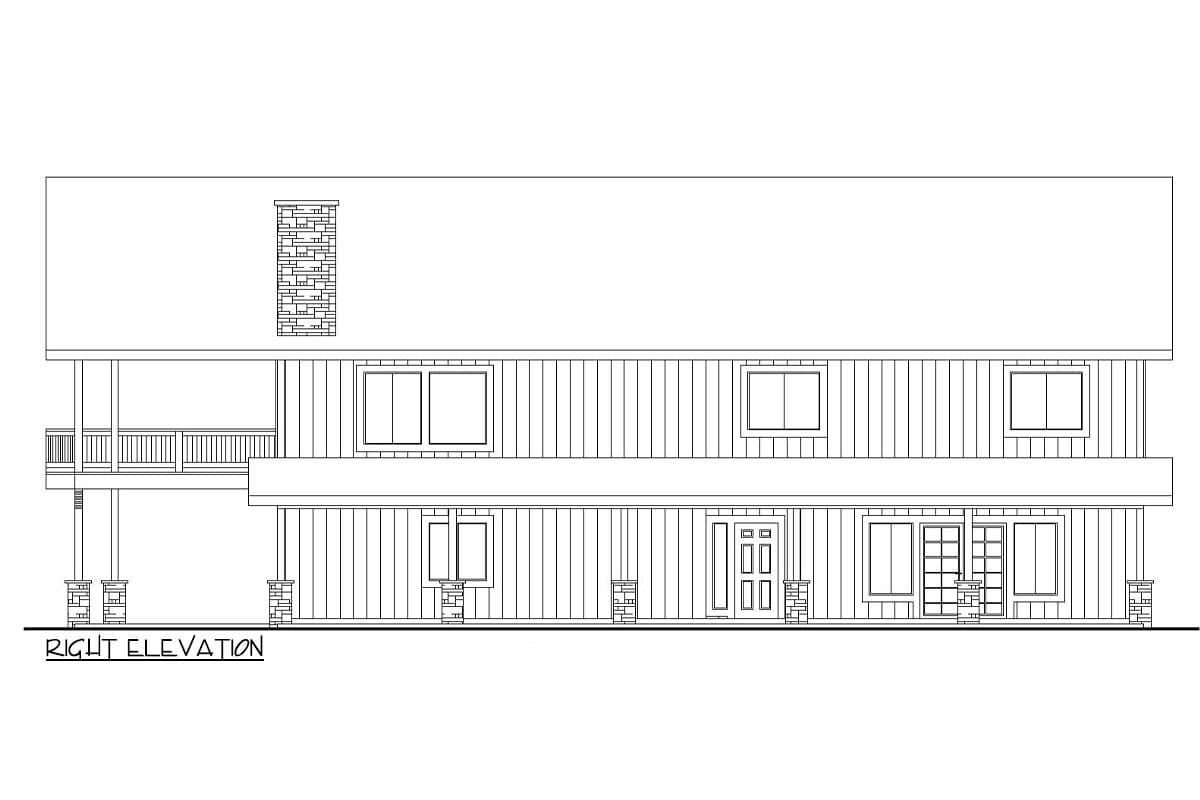 Right elevation house plan drawing showing a two-story house with a chimney, covered porch, and multiple windows.