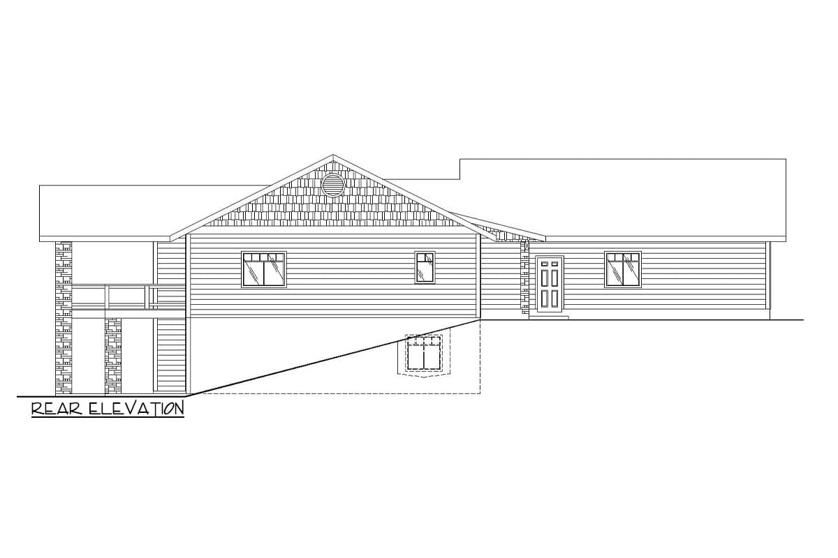 Rear elevation house plan showing a one-story home with horizontal siding, a gabled roof, multiple windows, a deck, and a prominent brick chimney.