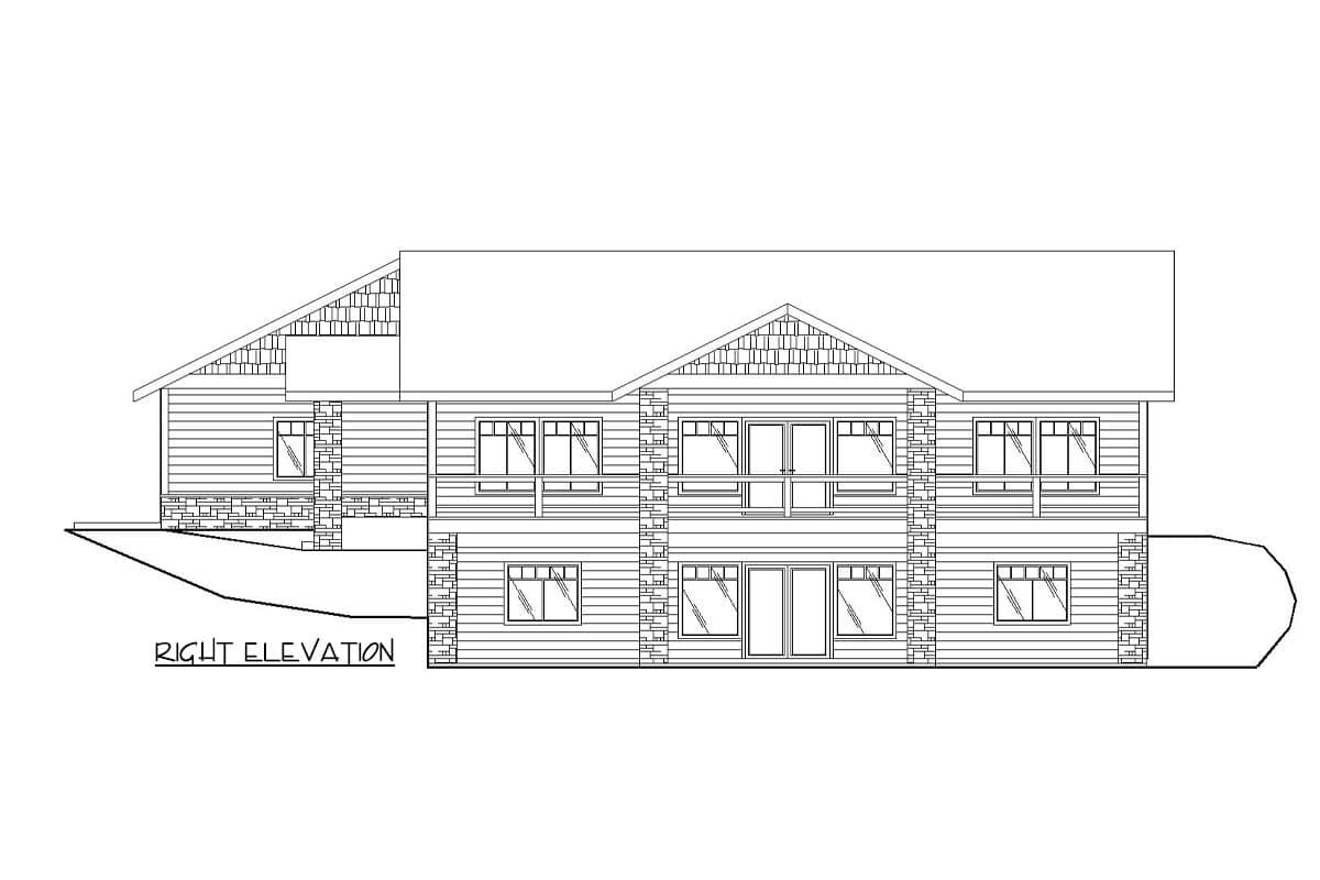 Right elevation house plan drawing featuring horizontal siding, stone accents, multiple windows, and a multi-level roofline.