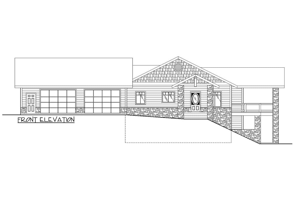 Front elevation house plan showing a two-story home with a two-car garage, stone accents, a covered porch, and multiple gables.