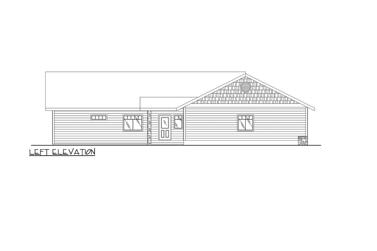 Left elevation house plan drawing showing a one-story home with horizontal siding, gable, dormer, and two windows.