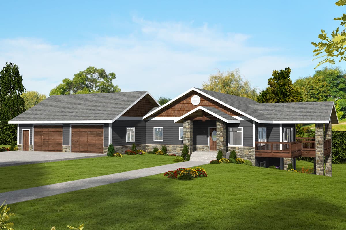 House plan exterior. Ranch style with gabled roof, stone accents on porch and garage. Includes a deck with stone pillars, and two garage doors.