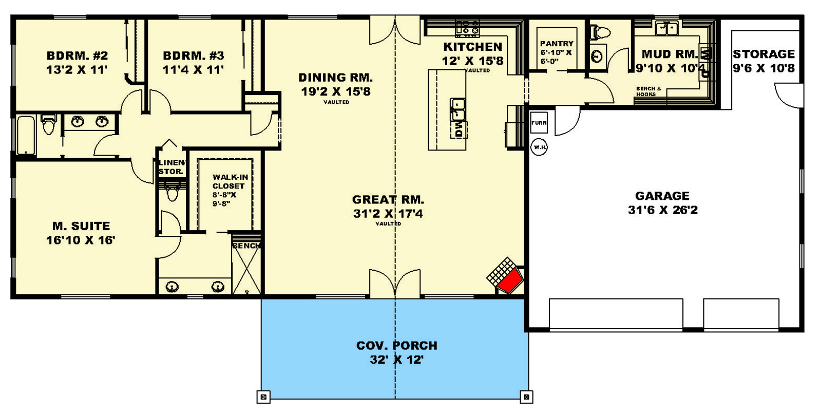Plan 350072GH: 3-Bed Ranch Home Plan with Clustered Bedrooms and Vaulted Great Room - 2369 Sq Ft - Floor Plan - Main Level - Country, Mountain, Ranch