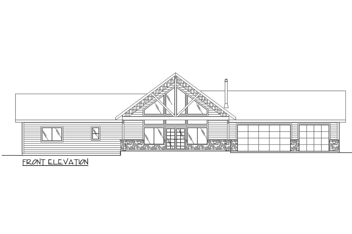 Front elevation drawing of a house plan with a prominent gable-end window, double doors, and a three-car garage.