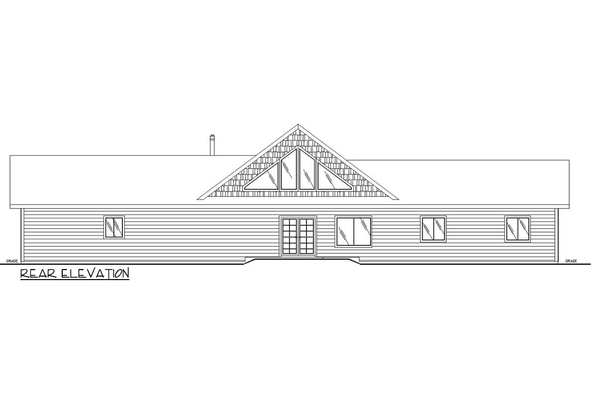 Rear elevation drawing of a single-story house with a gabled roof, prominent dormer with triangular windows, and double doors.