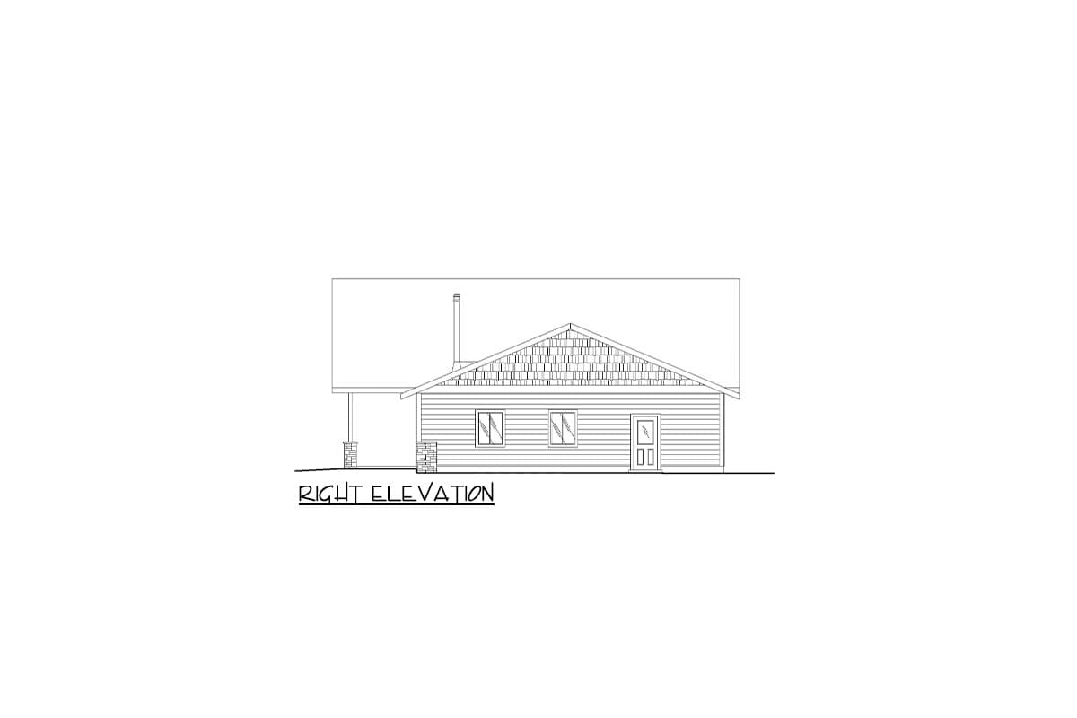 Right elevation drawing of a single-story house plan featuring a covered porch, gable end with decorative shingles, and a side door.