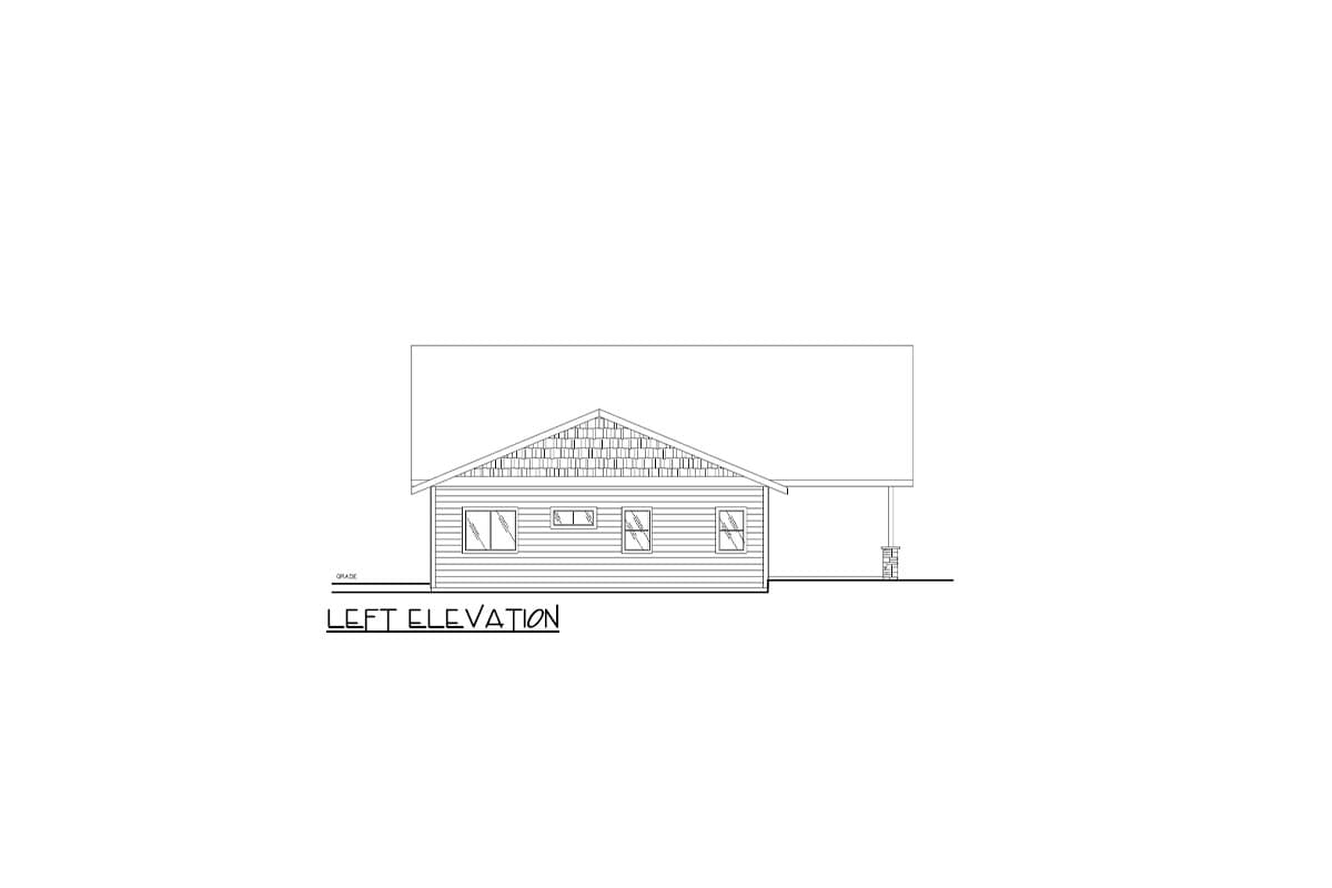 Left elevation drawing of a house plan showing clapboard siding, gabled dormer with shingles, and a covered porch with one support pillar.