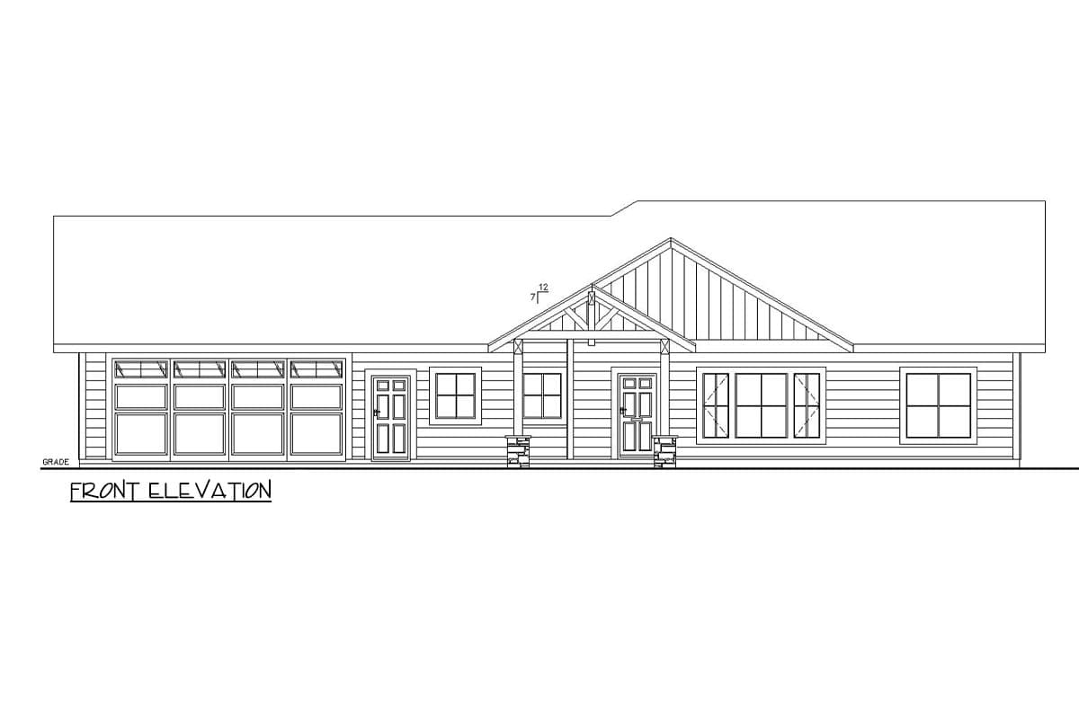 Front elevation drawing of a single-story house with a large garage door, gabled roof, and covered porch.