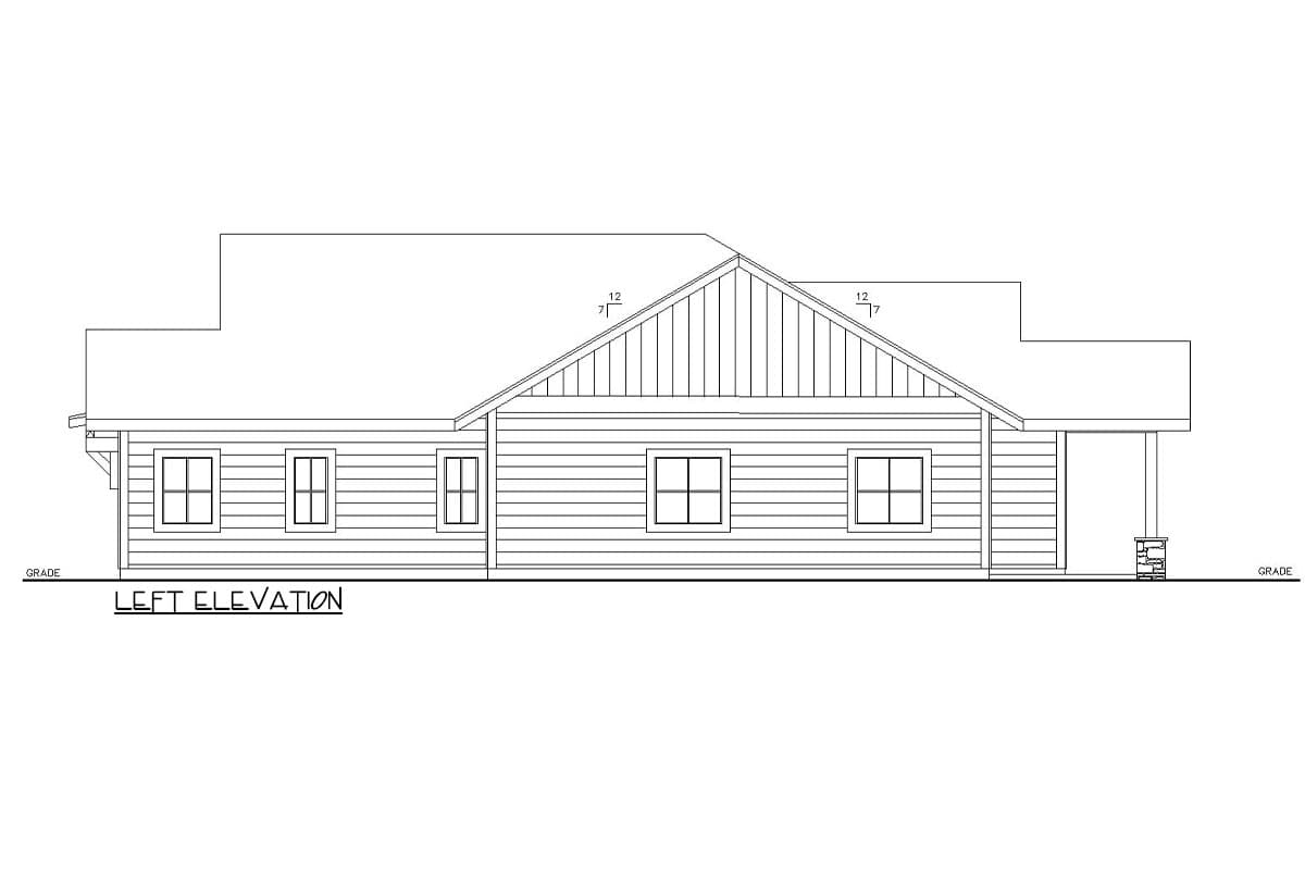 Left elevation drawing of a single-story house with horizontal siding, gable end, and a covered porch with stone pillars.
