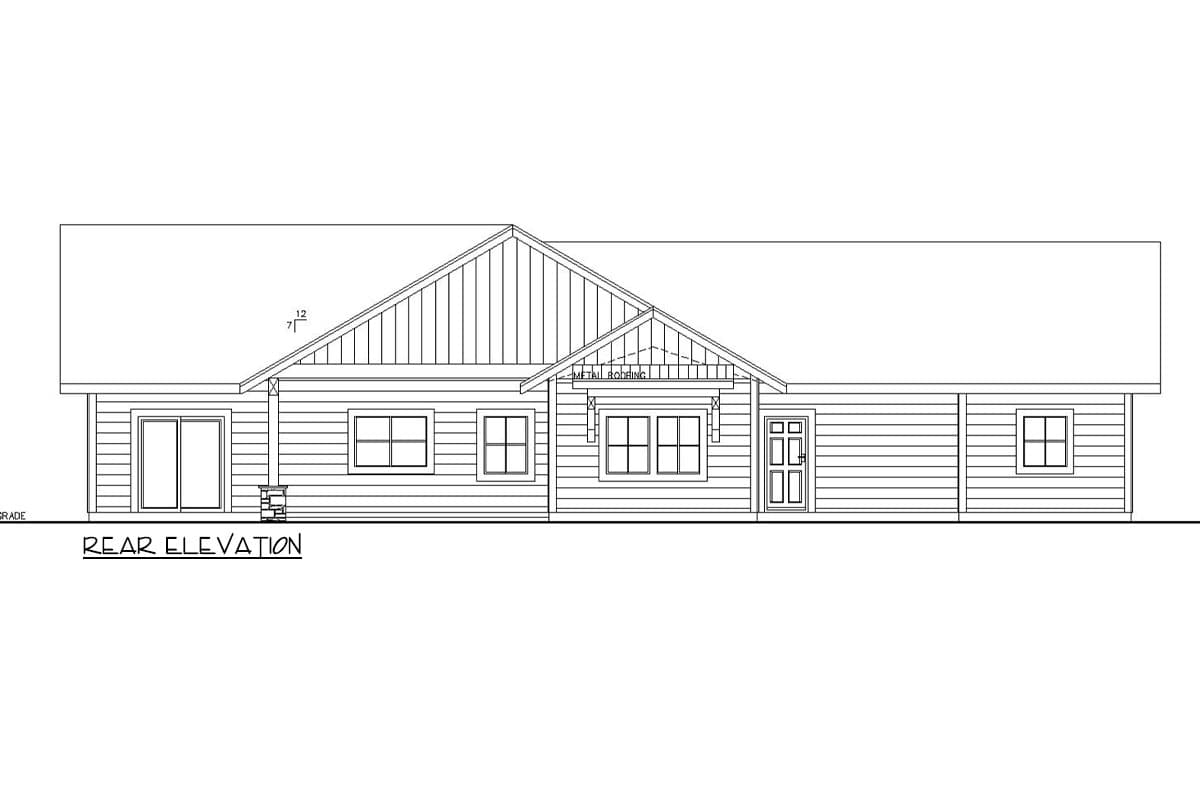 Rear elevation house plan drawing showing a single-story home with horizontal siding, a gabled central roof, and a covered entrance.