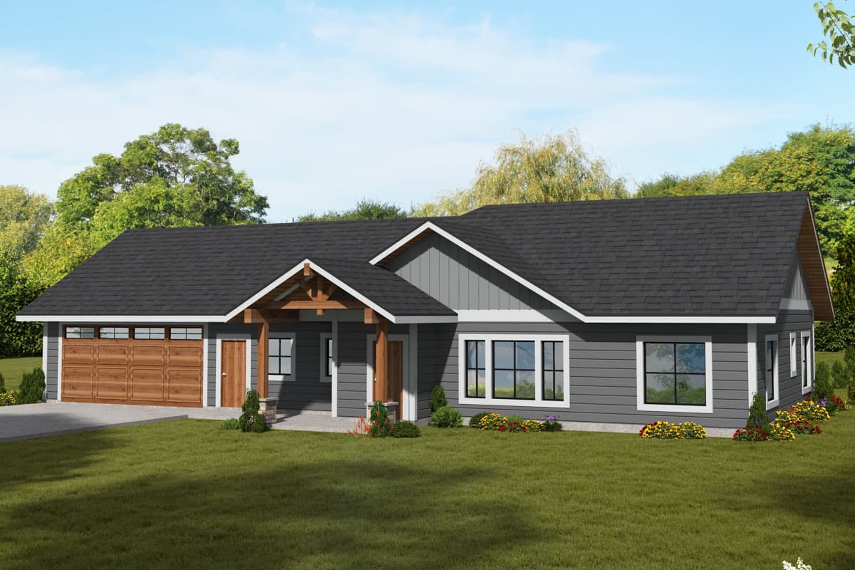 House plan exterior with Craftsman-style elements. Features include a front-facing garage, gabled roof, and covered entry porch with exposed beams.