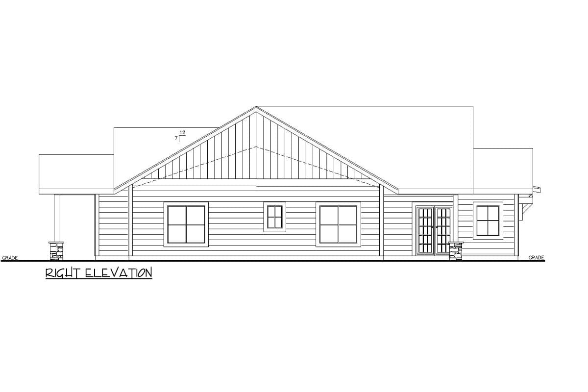 House plan right elevation showing a single-story home with lap siding, prominent gable, covered porch, and multiple windows.