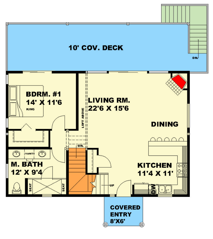Plan 350074GH: 2-Bed Country Cottage with Loft and Two-Story Great Room - 1,683 Sq Ft - Floor Plan - Main Level - Cape Cod, Cottage, Craftsman, Mountain
