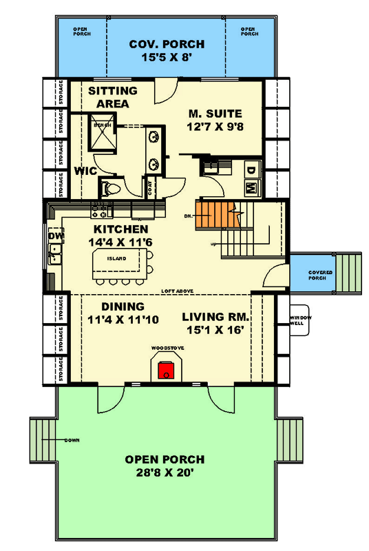 Plan 350075GH: 2-Bed A-Frame Cabin with Loft and Great Room - 1627 Sq Ft - Floor Plan - Main Level - A-Frame, Cabin, Mountain, Northwest
