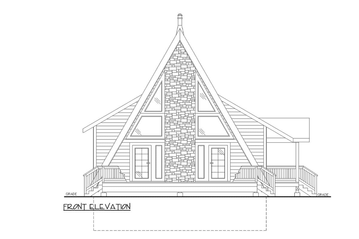 Front elevation drawing of a house plan featuring a prominent A-frame roof, central stone chimney, and dual front doors with porches.