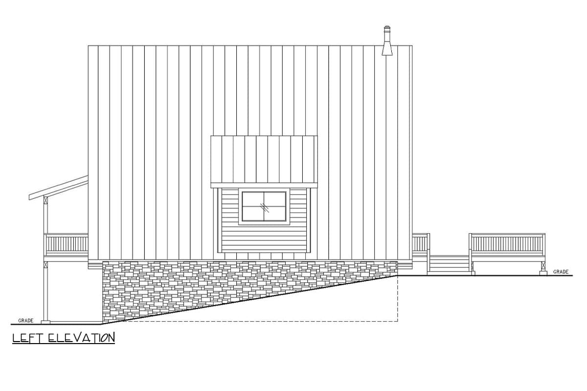 Left elevation drawing of a house plan with metal siding, stone foundation, a dormer, and a deck.