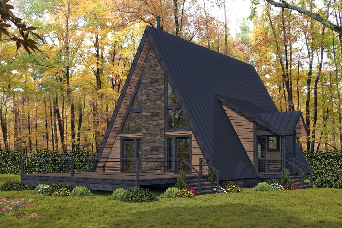 House plan exterior. A-frame style home with a metal roof and a stone accent wall. Features include a wraparound deck and a covered porch.