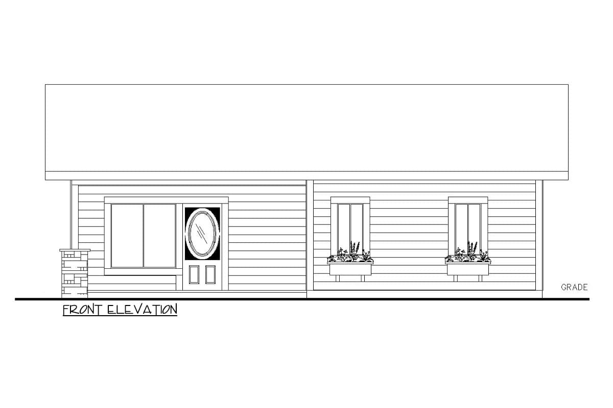 Front elevation drawing shows a house with a hip roof, entrance door with sidelights, and two windows with flower boxes.
