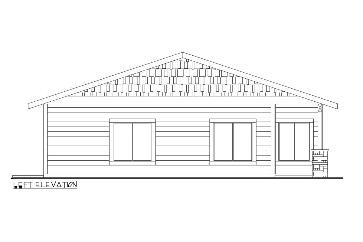 Left elevation drawing of a single-story house with horizontal siding, shingled gable, and stone-clad porch column.