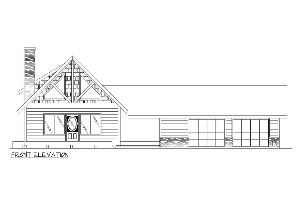 Front elevation of a house plan featuring a prominent gable with decorative trusses, stone chimney, and a three-car garage.