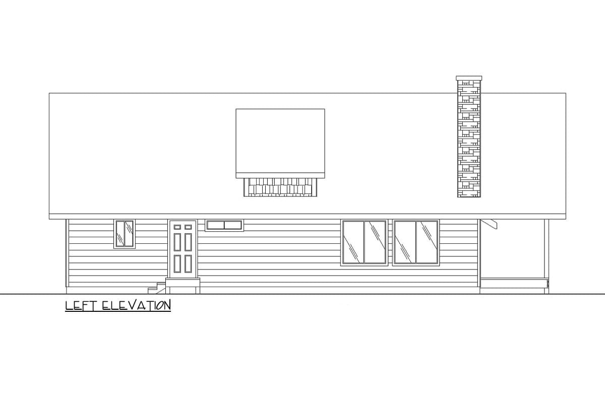 Left elevation drawing of a house plan with horizontal siding, a central door, multiple windows, a dormer, and a stone chimney.