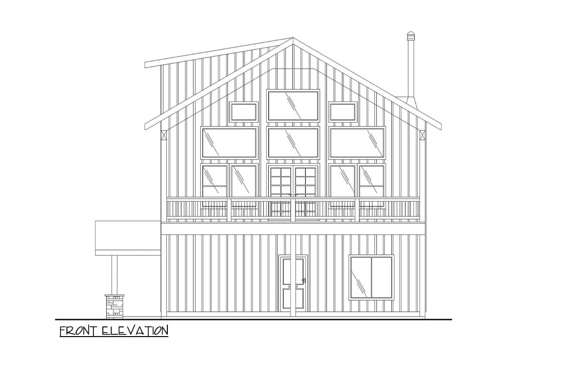 Front elevation drawing of a two-story house with a shed roof, balcony, and multiple windows on the upper level.