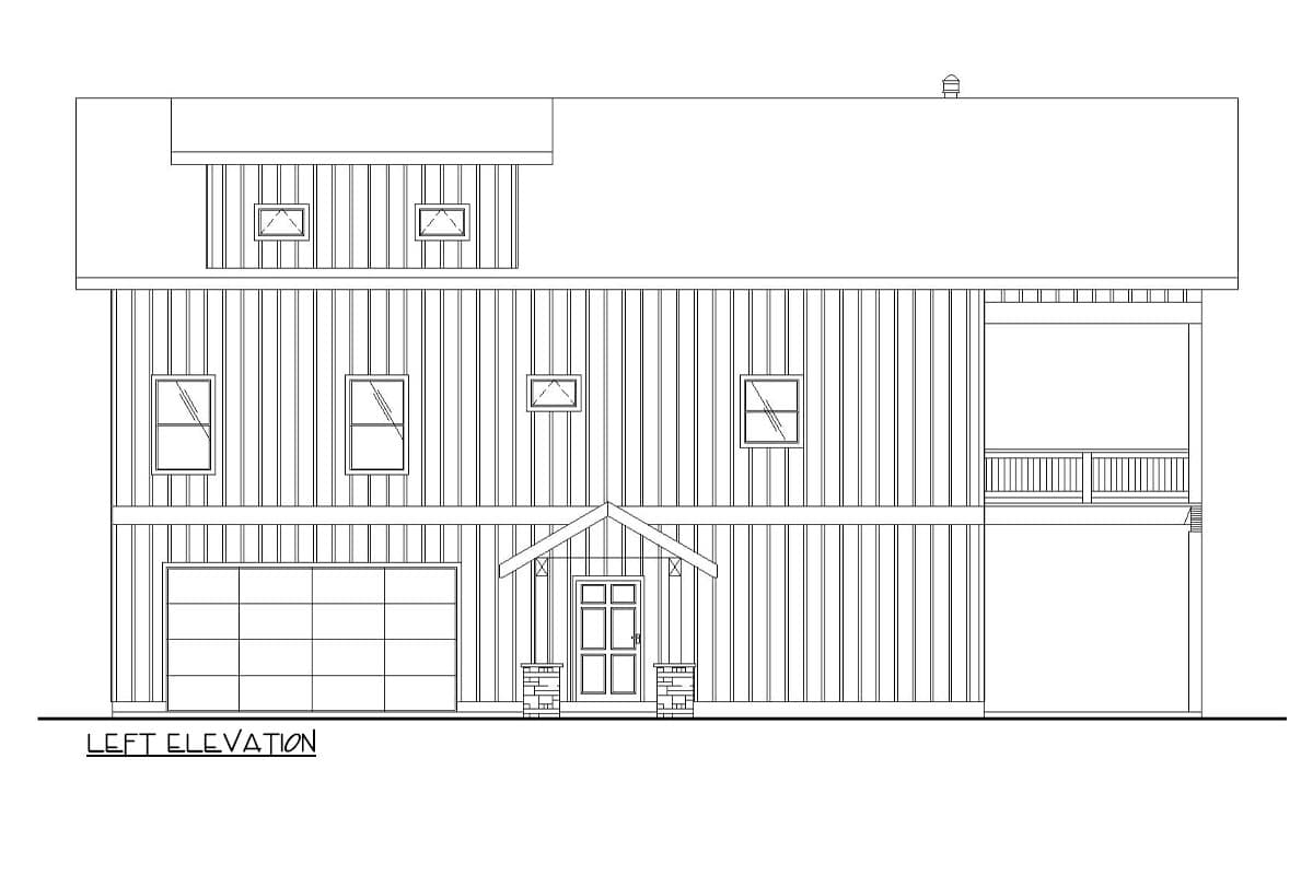 Left elevation house plan showing a two-story exterior with a garage, covered entry, and upper-level balcony.