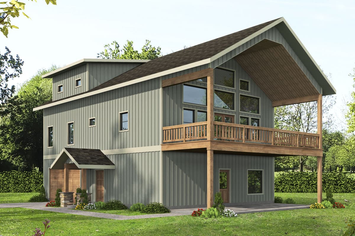 House plan exterior. Two-story, Modern style home with a balcony, shed roof, and multiple large windows. Features a covered entry.