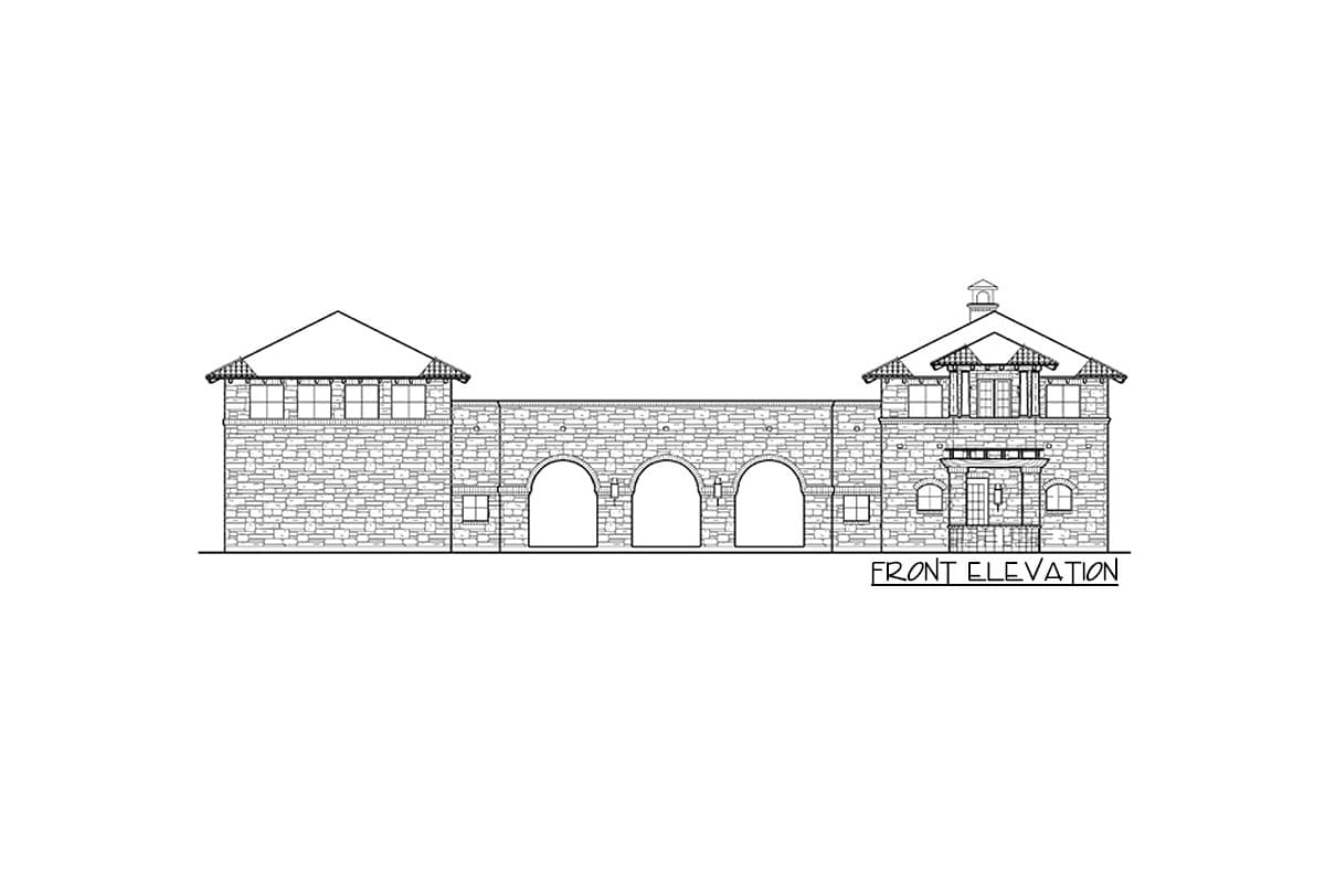 Front elevation drawing of a stone house plan with arched openings and a prominent central gabled section.