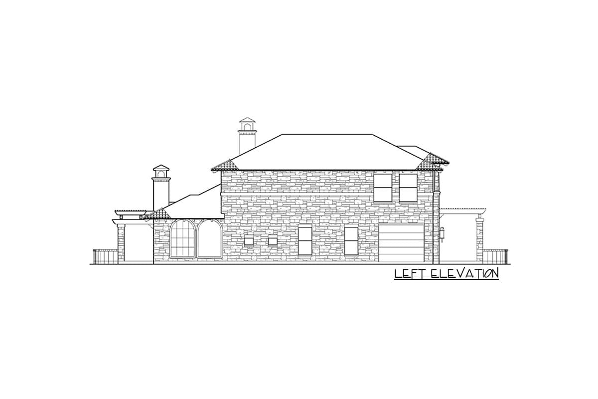 Left elevation drawing of a two-story house plan with stone veneer, a pitched roof, multiple windows, and a garage.
