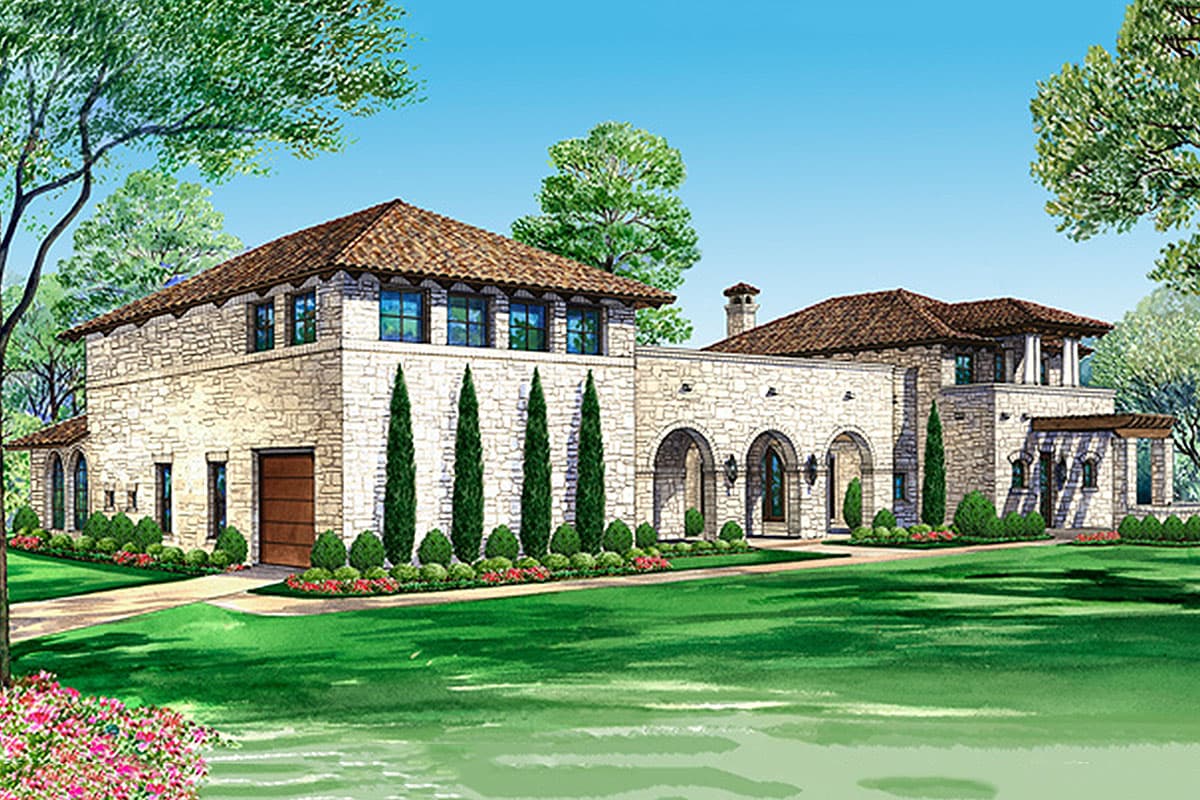 House plan exterior: two-story stone house with tile roof, arched entryways, and attached garage.