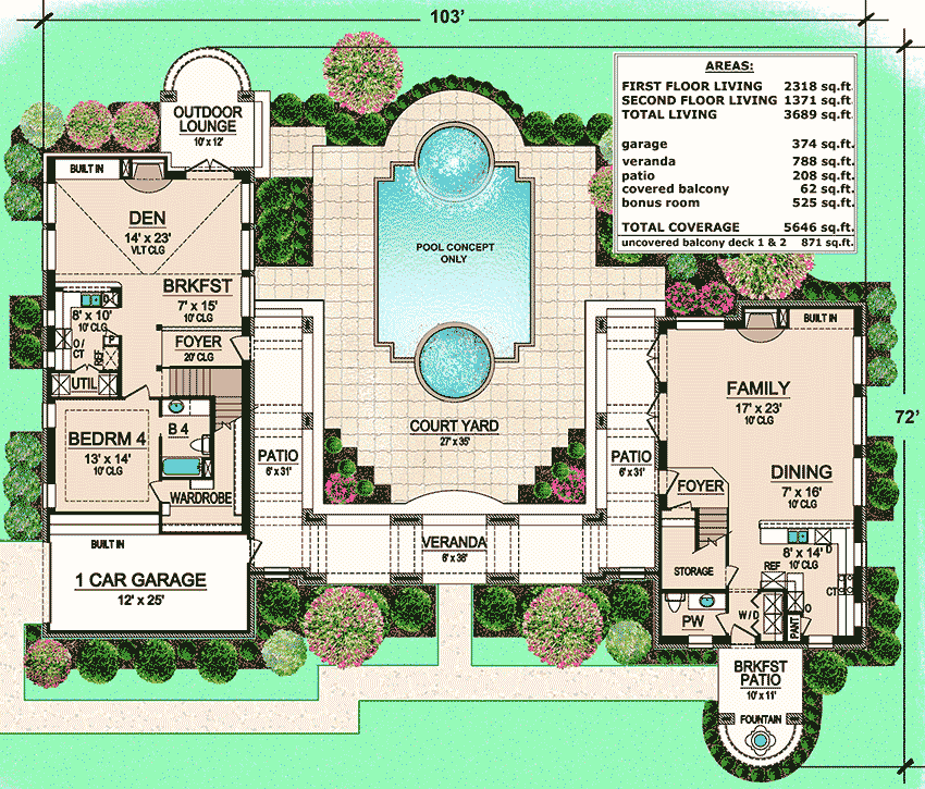Plan 36313TX: Unique Courtyard Living - Floor Plan - Main Level - European, Mediterranean, Tuscan
