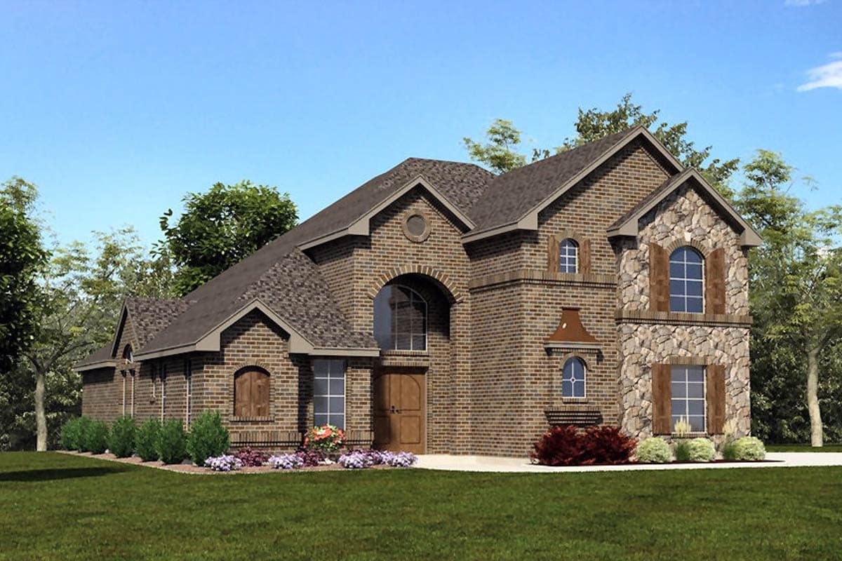 House plan exterior: Brick and stone two-story home with prominent gables, arched windows, and a covered entryway.