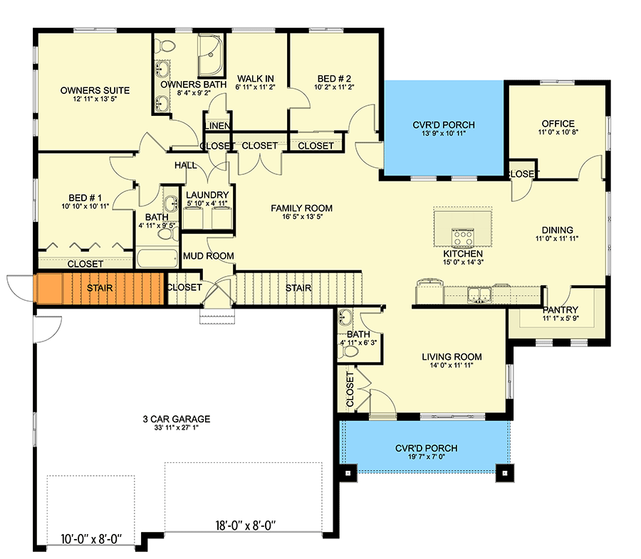Plan 61508UT: Two-Story Traditional Home Plan with Bonus Above and Home Office - 2845 Sq Ft - Floor Plan - Main Level - Craftsman, Traditional
