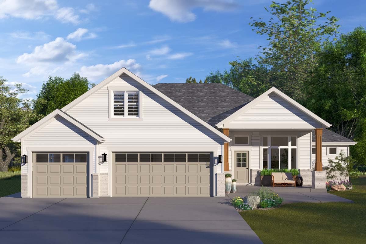 House plan exterior. Two-story Modern Farmhouse with gabled roof, two-car garage, and covered porch with columns.