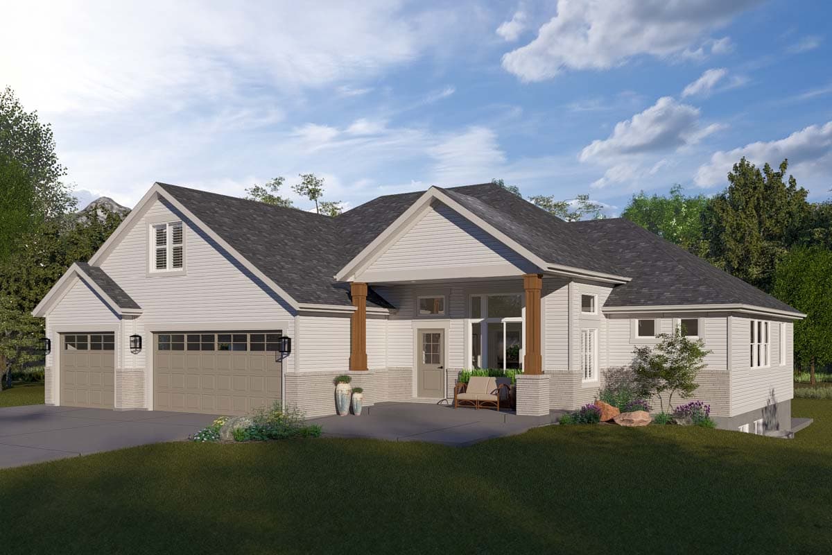 House plan exterior: Ranch style, two-car side-facing garage, covered front porch with wooden columns, and gabled rooflines.