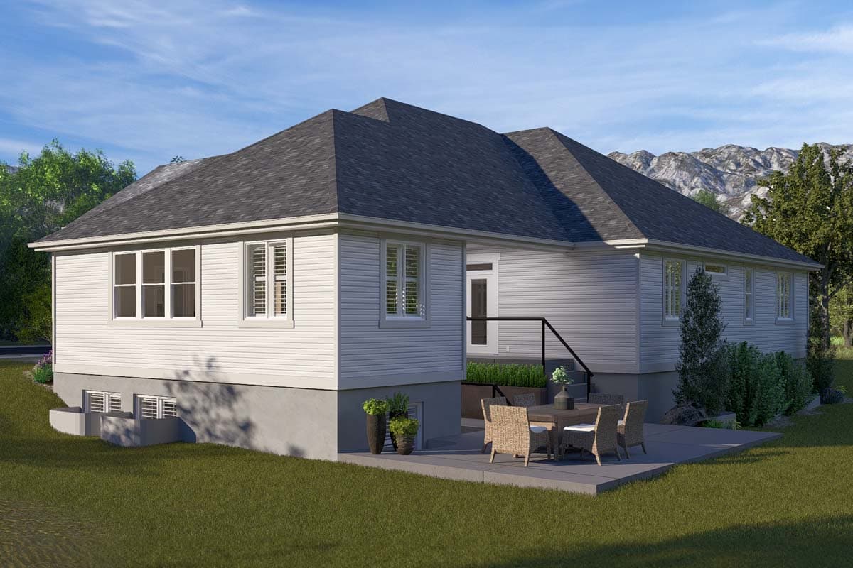 House plan exterior view of a one-story dwelling with a prominent gable roof, horizontal siding, and a concrete foundation with egress windows.