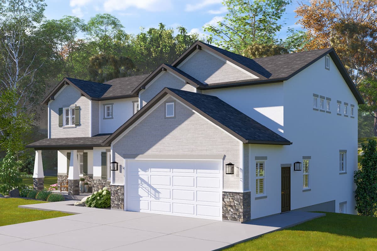 House plan exterior: Two-story Modern Farmhouse with covered front porch, stone accents, multiple gables, and a front-facing garage.