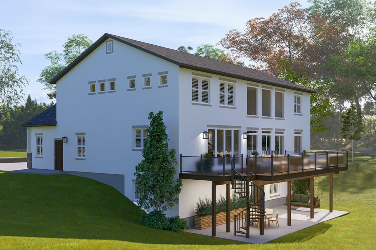 Modern house plan exterior: Two stories, white stucco, prominent second-story deck with glass railing, spiral staircase, and numerous windows.