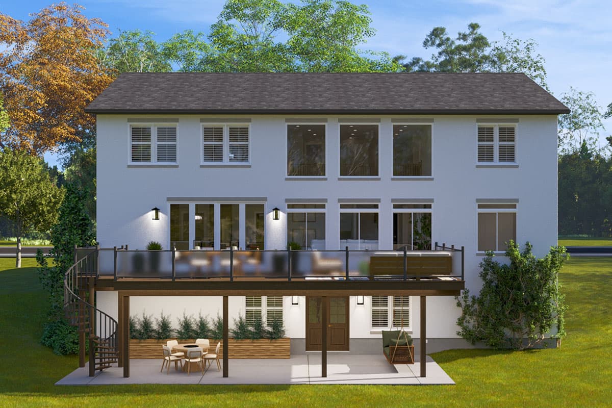 Two-story house plan exterior with a deck, walkout basement, multiple large windows, and spiral staircase.