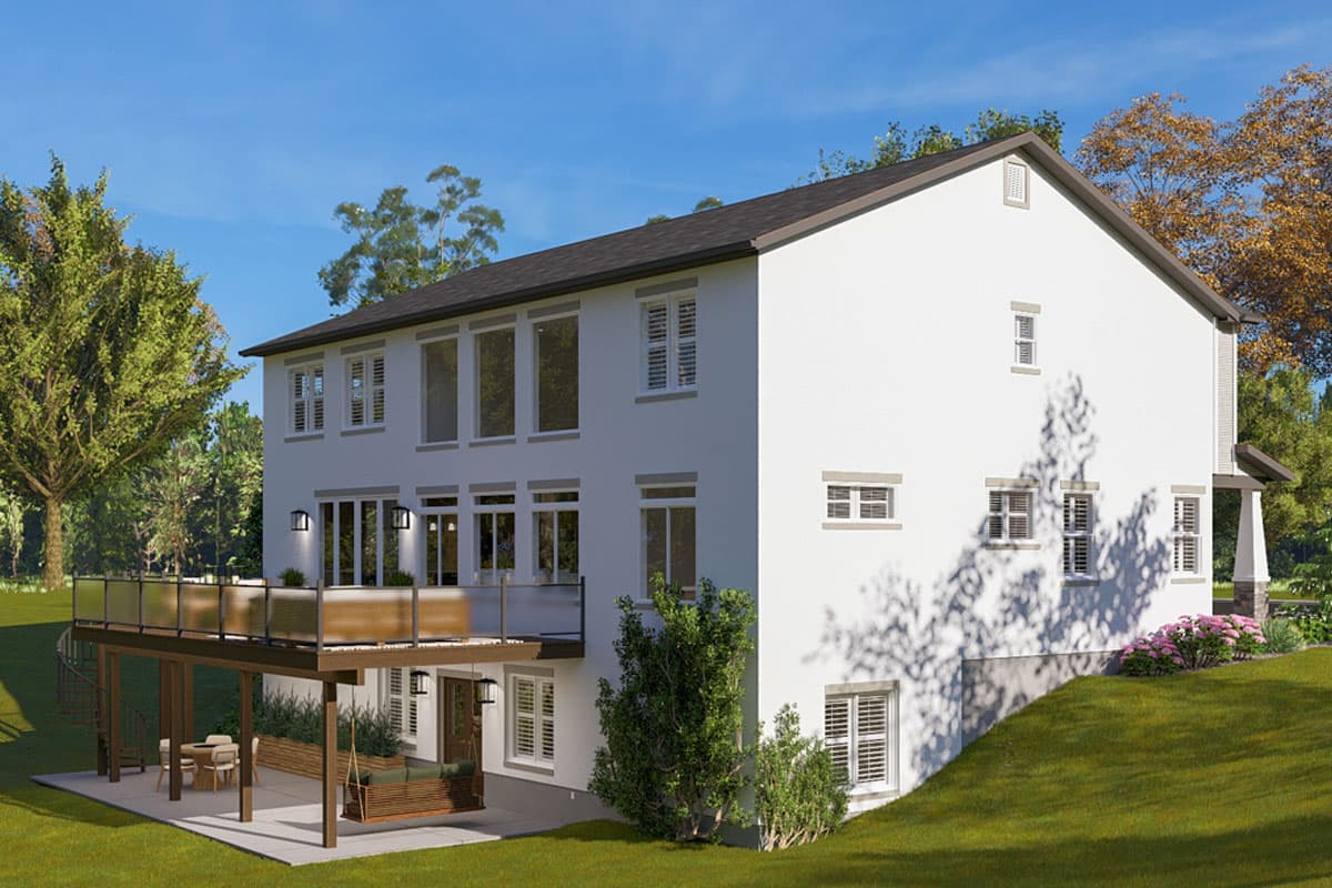 House plan exterior view of a two-story home with a large deck, multiple windows, and a walk-out lower level.