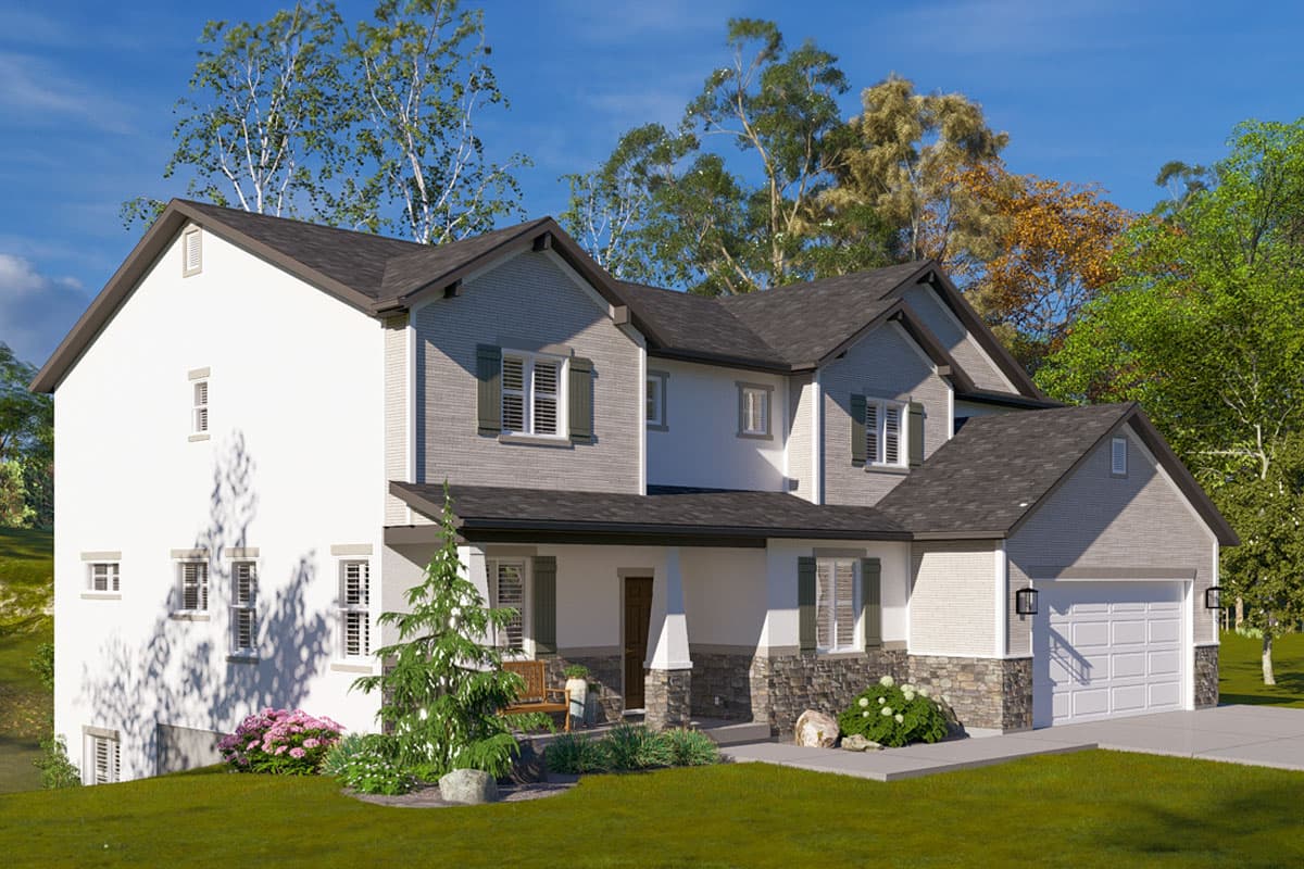 House plan exterior for a two-story home featuring a covered porch with stone accents, multiple gables, and an attached two-car garage.